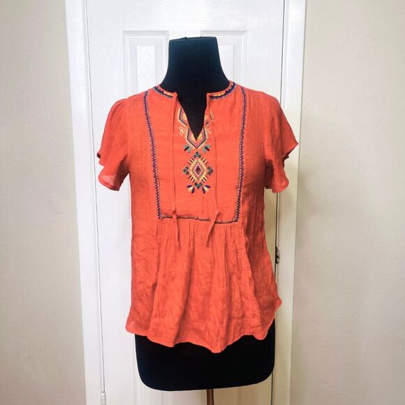 Anthropologie Zac & Rachel Burnt Orange Embroidered Women's Short Sleeve Top - Picture 1 of 10